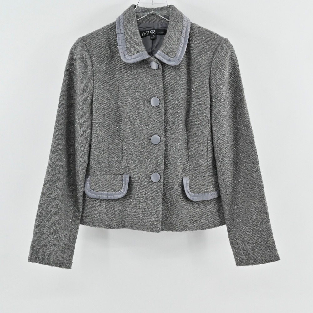 Vtg Kasper Womens Tweed‎ Blazer Size 6 Gray Wool Metallic Career Business Jacket